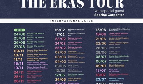 The Eras Tour est la sixième tournée de la chanteuse américaine Taylor Swift prévue en 2023 et 2024. ... Gracie Abrams, Muna, Owenn et Sabrina Carpenter, deux artistes par date [5]. Devant la forte demande, huit nouvelles …